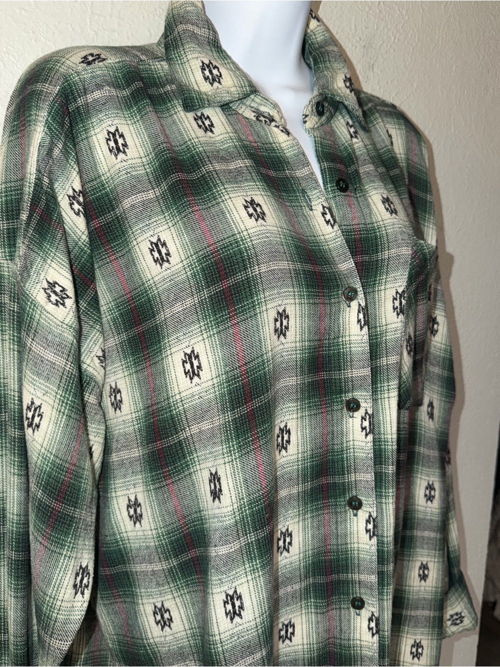 Vintage 80’s 90’s Flannel Green Plaid Shirt Oversized Nepal Aztec Women’s Sz L - Picture 4 of 8
